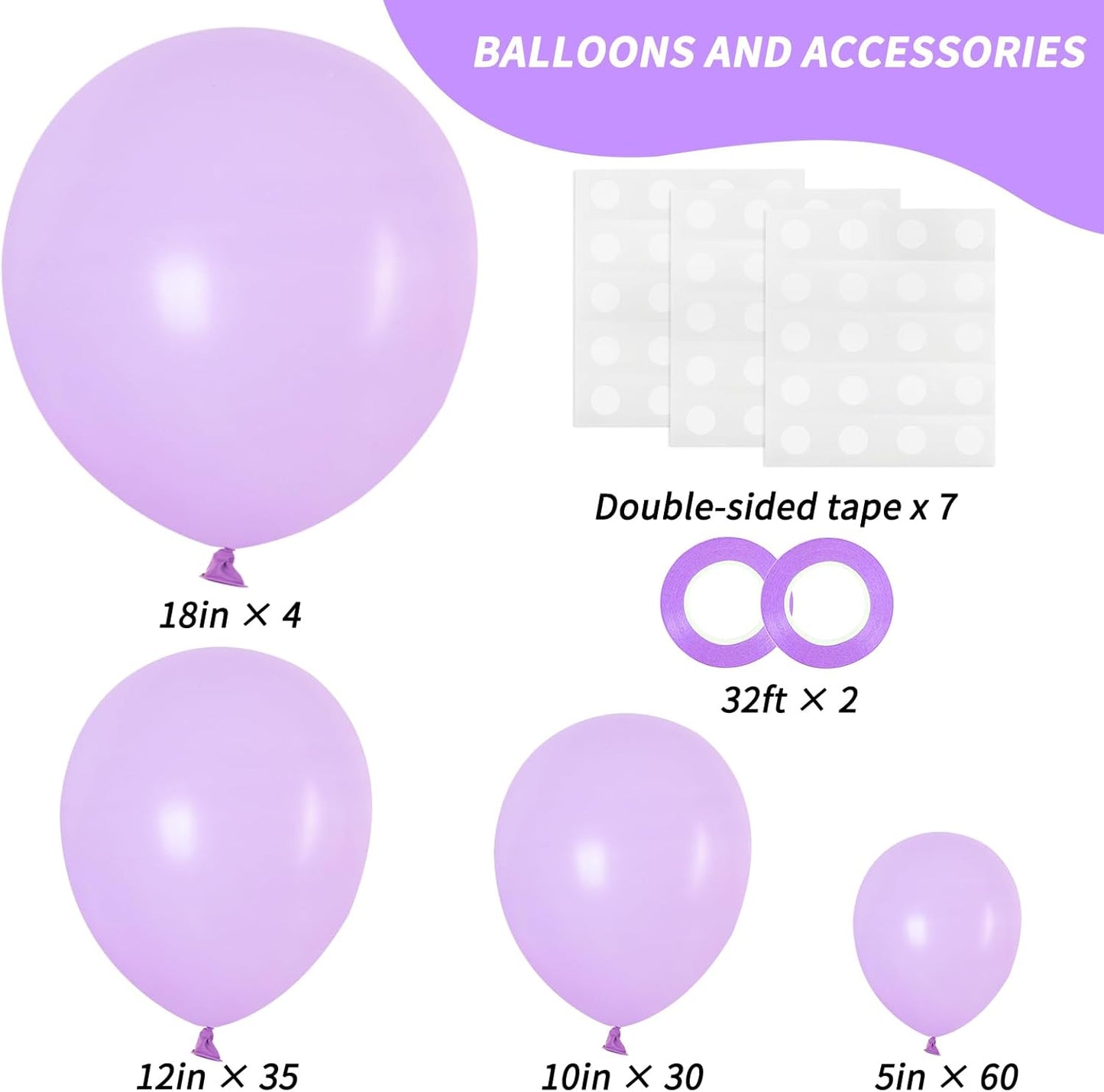 RUBFAC Pastel Purple Balloon Arch Kit - 129pcs Light Lavender Balloons for Birthday & Wedding Decor | Various Sizes 5-18 Inches