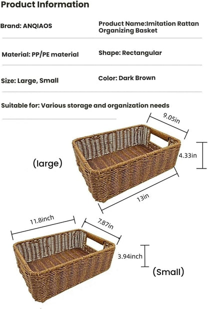 Plastic Storage Baskets - Durable Wicker Design for Pantry Organization | Set of 2, Dark Brown