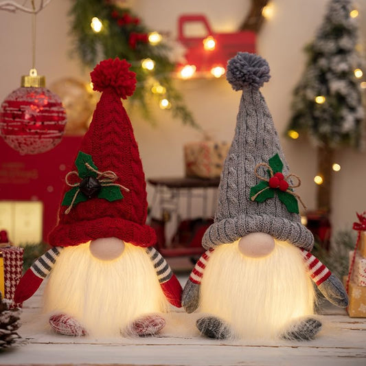 Skiennix Lighted Christmas Gnome Ornaments - 2 Pack LED Battery Operated Decor (Red & Grey)