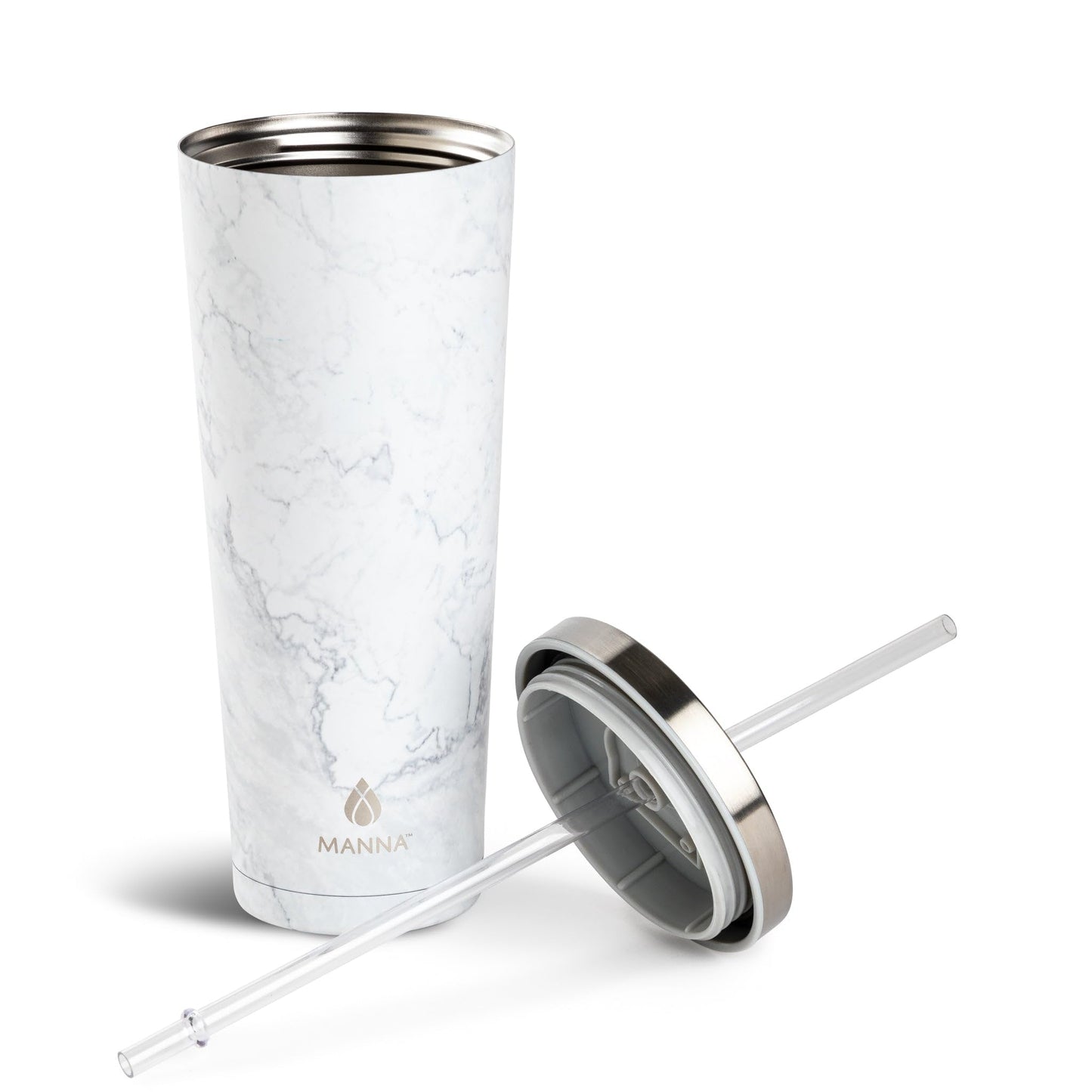 Manna Chilly Double-wall Vacuum Insulated Stainless Steel Tumbler with Splash-proof Lid and Reusable Tritan Straw - 24 Oz - White Marble