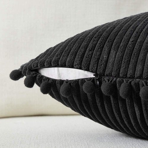 Fancy Homi Decorative Throw Pillow Covers - Set of 2 Black Pom-Pom Cushions | 12x12 Inch Soft Plush for Couch & Sofa