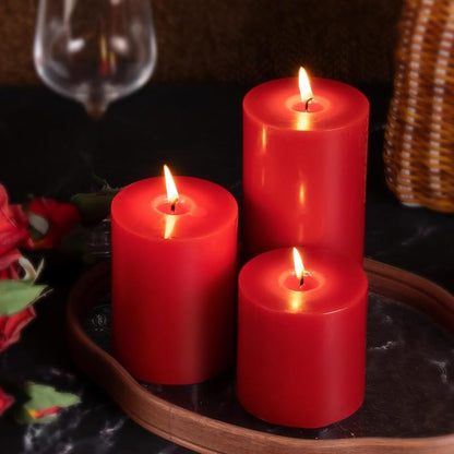 Red Pillar Candles Set of 3 x 6in - Unscented, Smokeless & Dripless 56-Hour Burn Time
