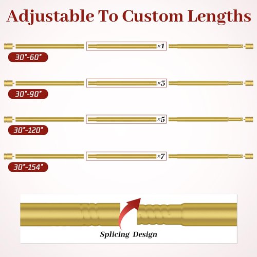 Kuianroll Heavy Duty Stainless Steel Curtain Rods, 1 Inch Diameter, 66 to 120 Inch, Gold, Wall Mounted, 40 lbs Weight Capacity