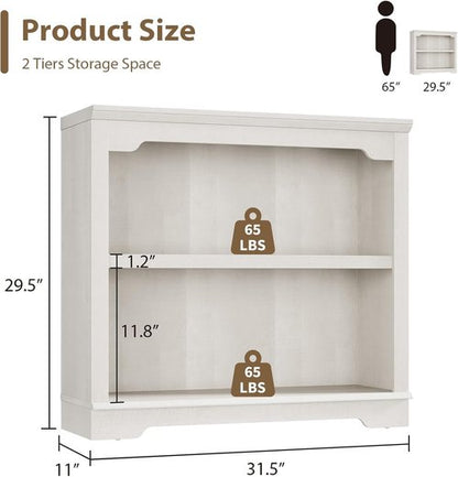 HIFYOBRO 2-Tier Bookshelf - 31.5" Wide Wooden Bookcase for Home Office & Living Room | White Finish