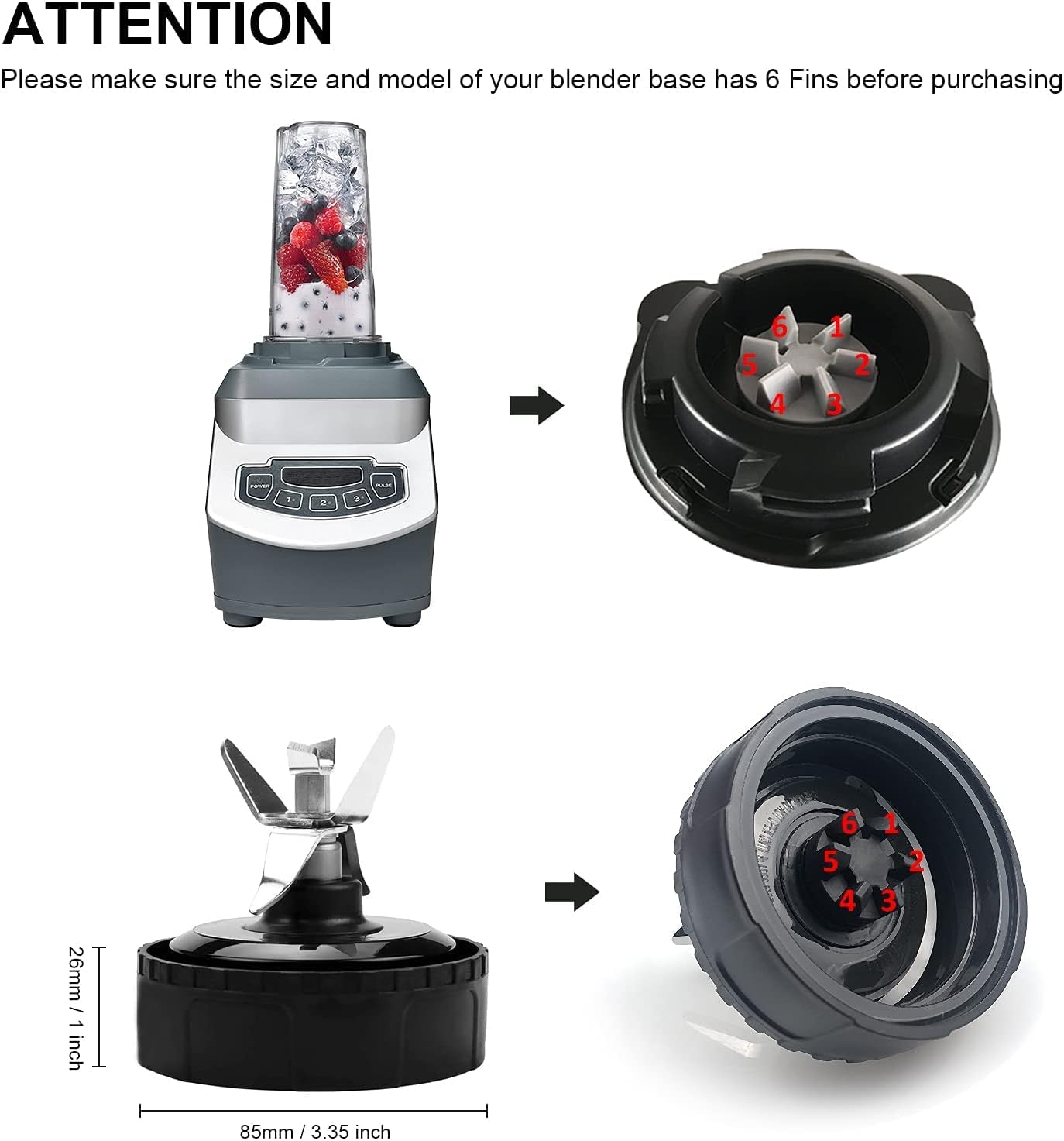Ninja Blender Replacement 6 Fins Blade - Compatible with BL660, BL770, BL771, BL780 | 16 oz Cup