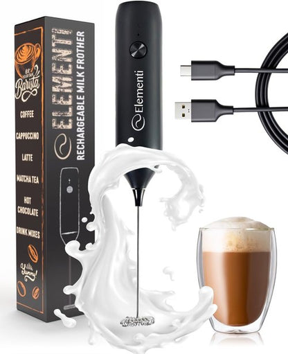 Elementi Milk Frother Wand - Powerful USB-C Rechargeable Handheld Mixer for Perfect Cappuccinos & Lattes (Black)