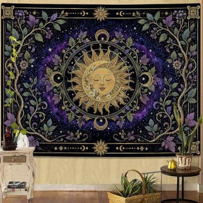 Fungarth Boho Sun and Moon Vintage Hippie Tapestry 60x44 Inch Midnight Purple
