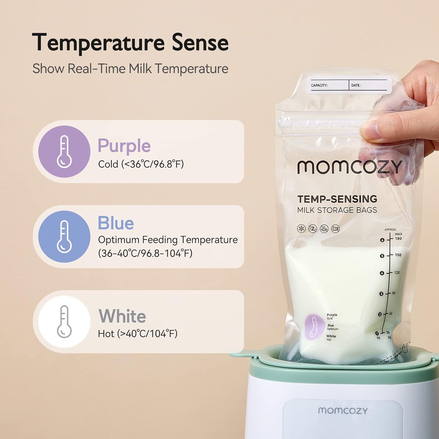 Momcozy Breastmilk Storage Bags - Temp-Sensing, No-Leak Design | 6 Ounce, 120 Count Pouches