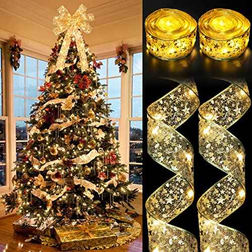 CandyHome 2 Pcs Christmas Tree Decorations, Total 40ft 120 Led Christmas Tree Ribbon Lights Battery Operated Ribbon Bows Copper Wire String Lights for Xmas Party Holiday New Year Home Decor, Gold