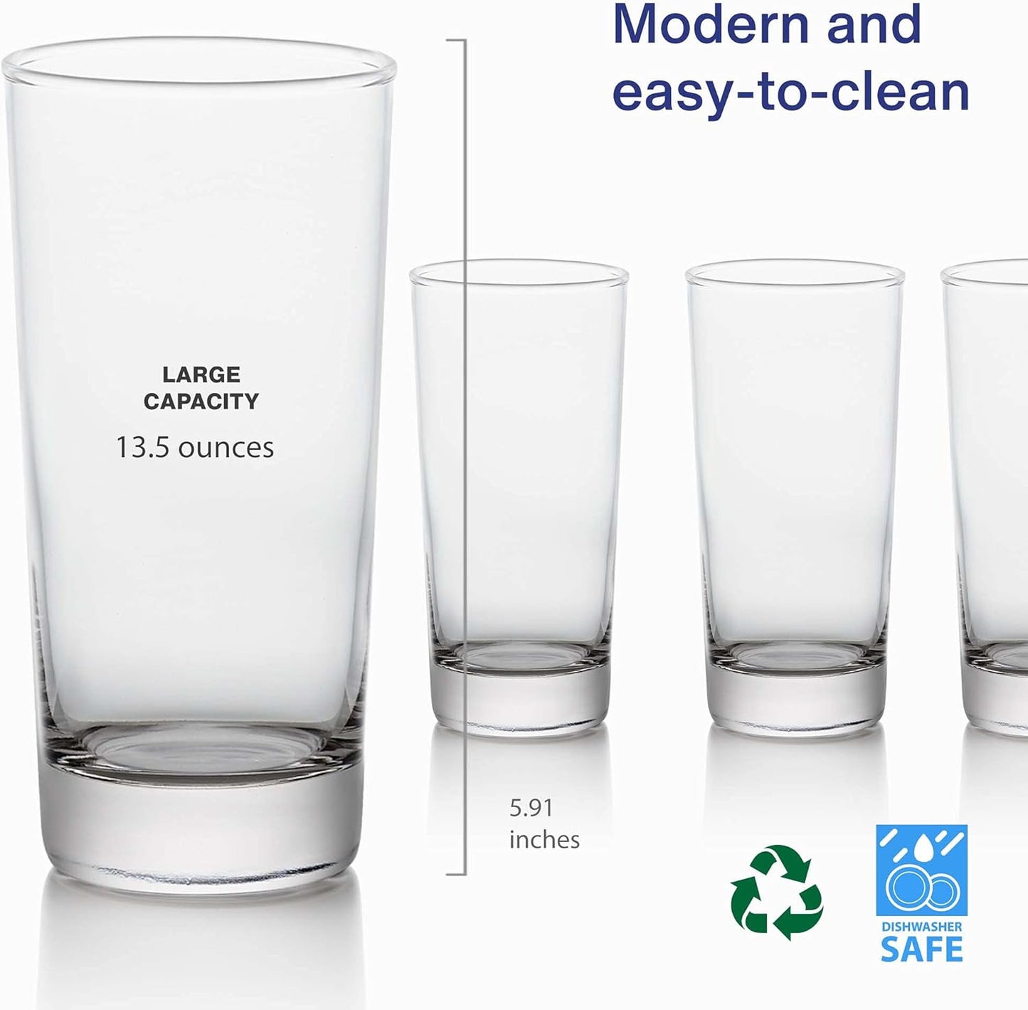 Vintorio GoodGlassware Highball Glasses (Set of 4) 13.5 oz - Tall Drinking Glass with Heavy Base - for Water, Juice, Cocktails, and Beverages - Dishwasher Safe, Perfect for Kitchen & Bar