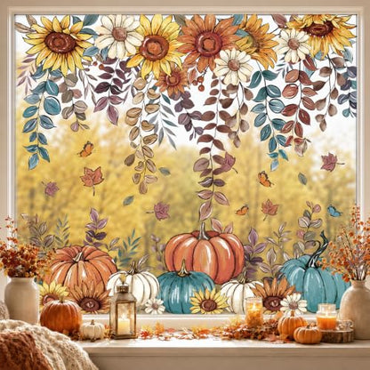 Fall Sunflower Pumpkin Window Clings Set - Autumn Glass Decor, 8 Sheets