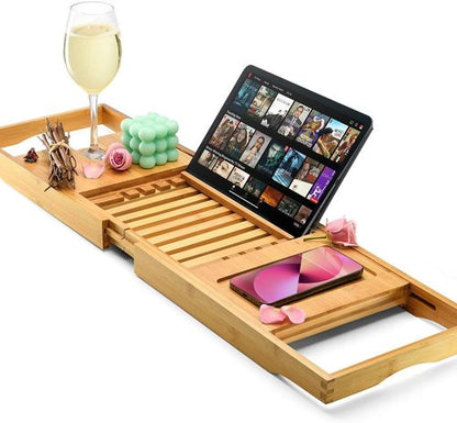 Luxury Foldable Bathtub Tray Caddy - Waterproof Wooden Organizer for Wine, Books & Phones | Fits Most Tubs