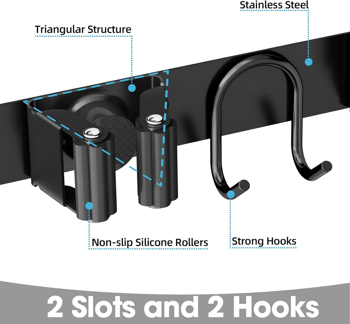 Stainless Steel Broom Holder Wall Mount - 2 Slots & 2 Hooks Organizer for Home, Garage & Garden