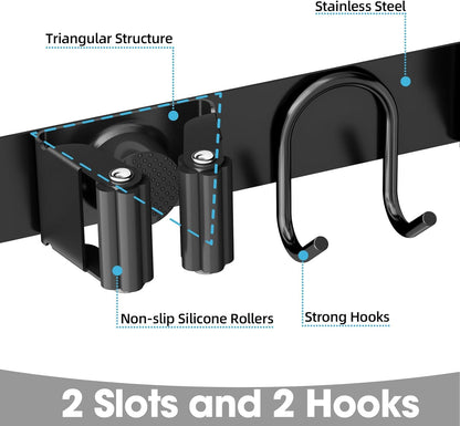 Stainless Steel Broom Holder Wall Mount - 2 Slots & 2 Hooks Organizer for Home, Garage & Garden