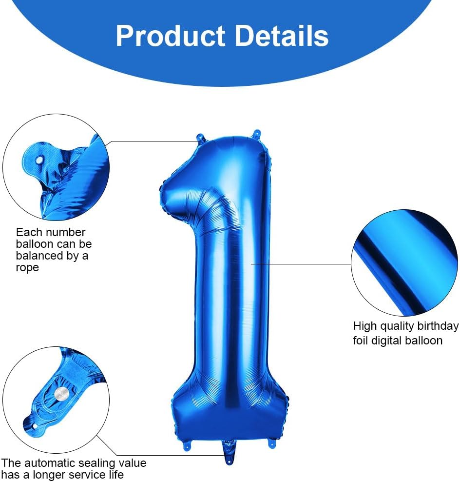 OFFCUP 40-Inch Blue Number 1 Balloon - Self-Inflating Foil Balloon for 1st Birthday Celebrations