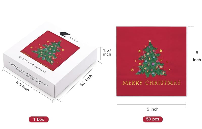 5 x 5 Inch 50-Count 3-Ply Christmas Tree Red Paper Napkins - Wrapped Pack