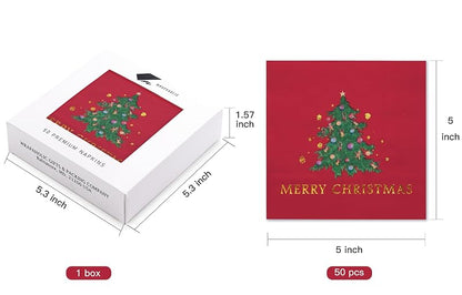 5 x 5 Inch 50-Count 3-Ply Christmas Tree Red Paper Napkins - Wrapped Pack