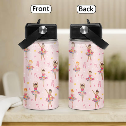 Skiennix Kids Water Bottle - 12oz Insulated Stainless Steel Tumbler with Straw | Ballet Design for School