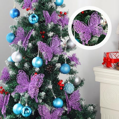 Purple Butterfly Christmas Tree Ornaments Set - 24 Glitter Holiday Decor