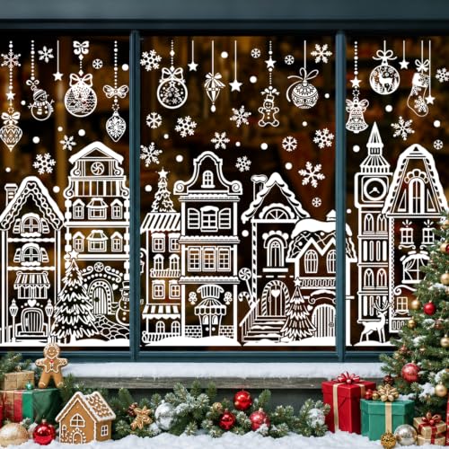 Christmas Window Clings Decals - White House Glass Stickers, Reusable Holiday Decor - Variation: No Adhesive