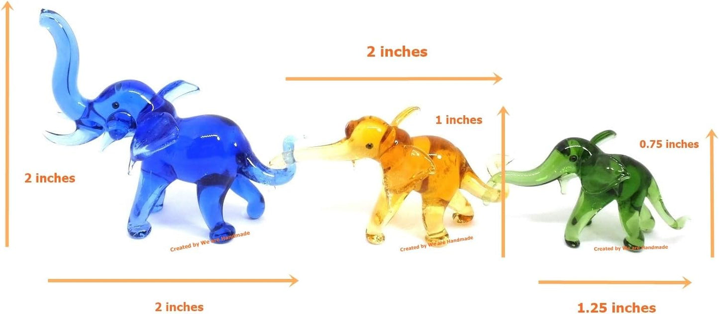 Skiennix Handmade Mini Elephant Family Figurines - 2" Blown Glass Art, Multicolor Jungle Decor
