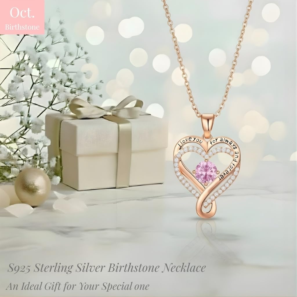 Skiennix Infinity Necklace - S925 Sterling Silver Rose Gold Birthstone Pendant Jewelry Gift for Women