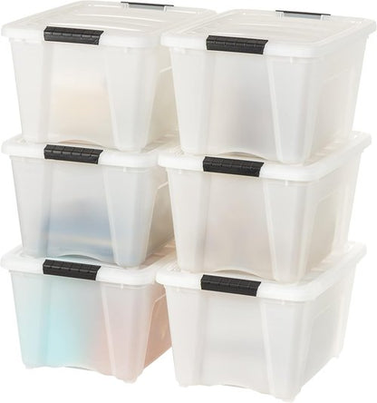 IRIS USA 32 Qt Stackable Plastic Storage Bins - BPA-Free, Durable Lids, 6 Pack - Pearl Color