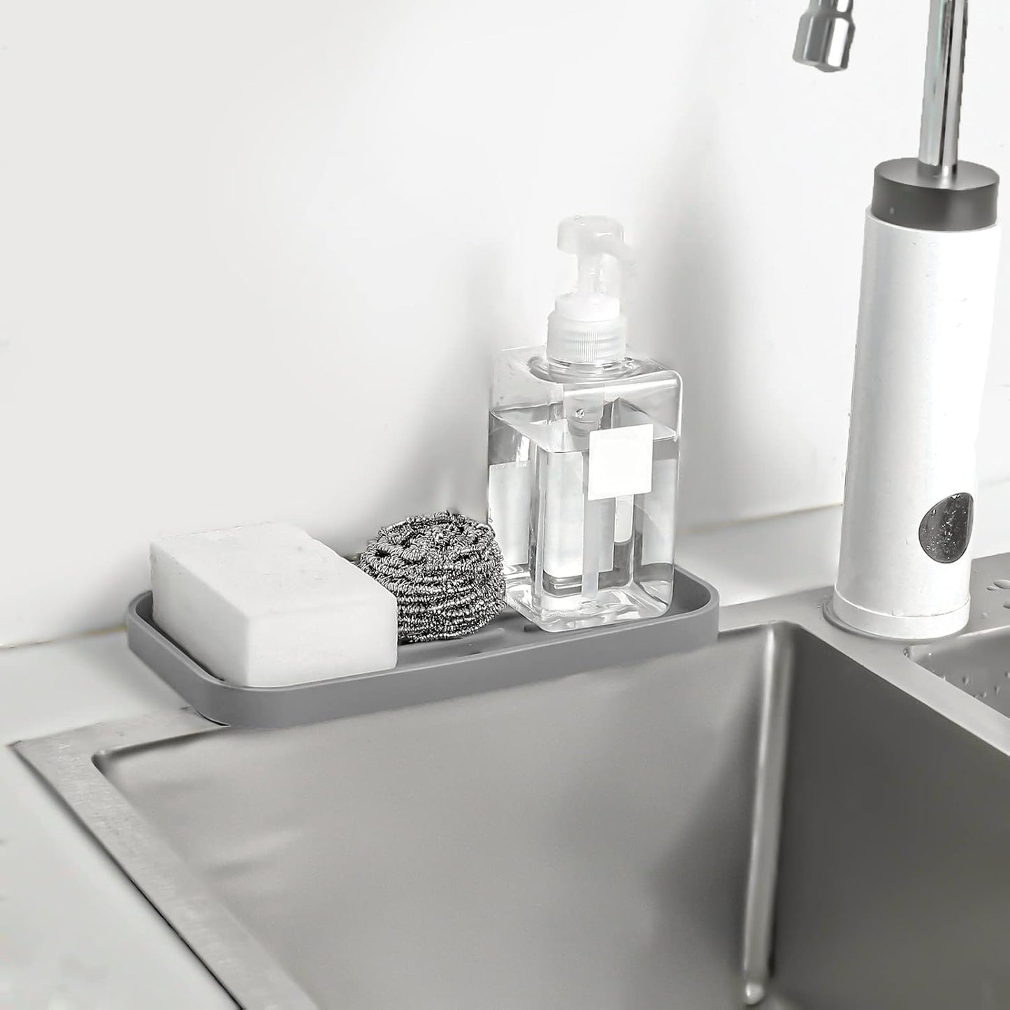 MicoYang Silicone Kitchen Sink Organizer Tray - Eco-Friendly Sponge Holder for Kitchen & Bathroom (Grey, 10"×5.3")