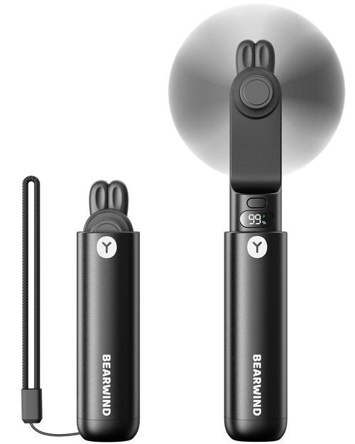Bearwind Portable Handheld Mini Fan: 2 in 1 Rechargeable Hand Held Fan with Backup Power & Digital Display - Summer Essentials for Travel, Concerts, Makeup, Lash - Gifts for Women, Girls (Black)