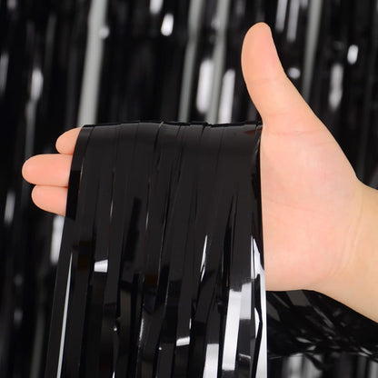 Melsan Black Tinsel Fringe Backdrop Curtains - 3.2 x 8 Ft Photo Backdrop for Parties | Pack of 2