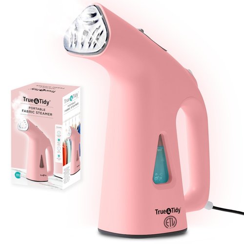 True & Tidy® Handheld Garment Steamer for Clothes with Water Cup Accessory, Portable Travel Steam Iron, Stainless Steel Plate up to 10 mins of Continuous Steam, 800 Watts, Pink