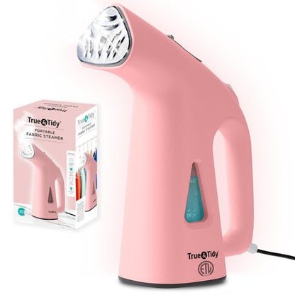 True & Tidy® Handheld Garment Steamer for Clothes with Water Cup Accessory, Portable Travel Steam Iron, Stainless Steel Plate up to 10 mins of Continuous Steam, 800 Watts, Pink