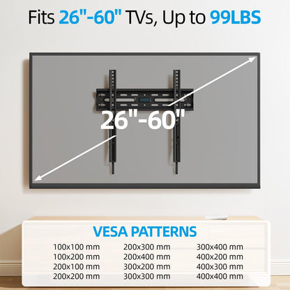 USX STAR Fixed TV Wall Mount - Ultra Slim Design for 26-60 Inch Screens | Quick Release Lock, Max VESA 400x400mm, Supports 99 lbs