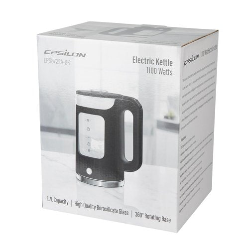 Epsilon Electric Kettle 1.7L, Tea Kettle with Boil Dry Protection and Auto Shut-Off, Fast Boil Electric Teapot, PP Decorative Housing, Borosilicate Glass and Stainless Steel, BPA Free LED Lighting