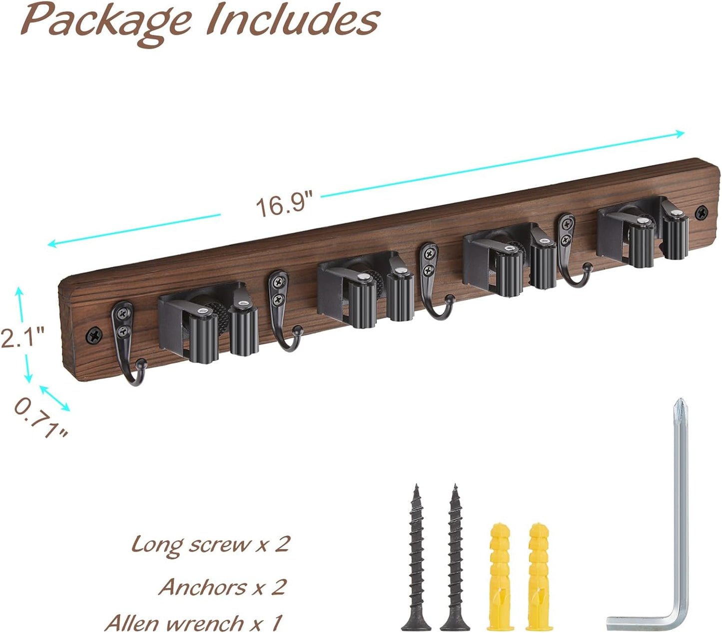 OUTNILI Mop Broom Holder Wall Mount - 2 Pack Wood Organizer with 4 Slots & Hooks for Rustic Kitchen, Garage, Laundry Room