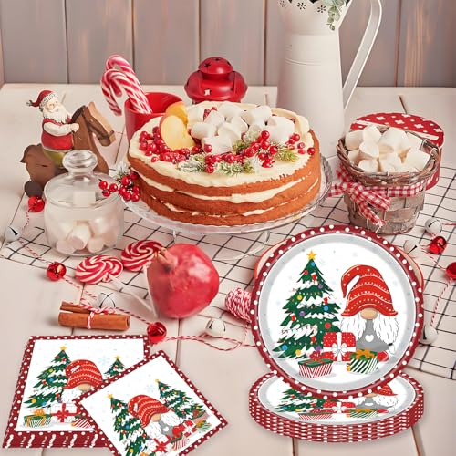 Christmas Gnomes Plates and Napkins Set with Santa & Tree - Holiday Party Supplies
