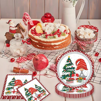 Christmas Gnomes Plates and Napkins Set with Santa & Tree - Holiday Party Supplies