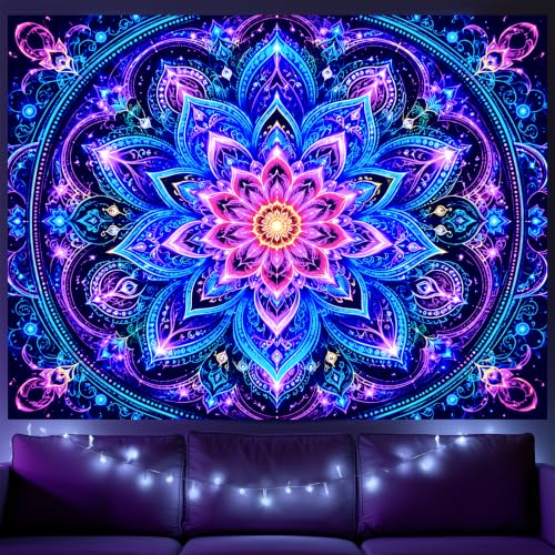 UV Black Light Mandala Wall Tapestry - 78x59 in Polyester, Neon Glow Effect HC-YL-72018