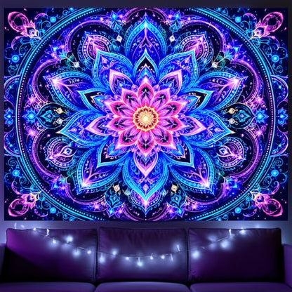 UV Black Light Mandala Wall Tapestry - 78x59 in Polyester, Neon Glow Effect HC-YL-72018