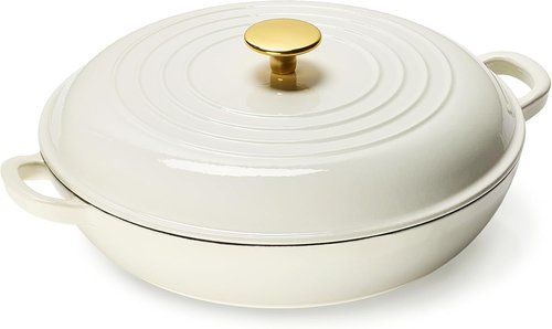 CAROTE Enameled Cast Iron Braiser Pan - 3.4QT Shallow Dutch Oven with Lid | Non-Toxic, All Stovetop Compatible, White