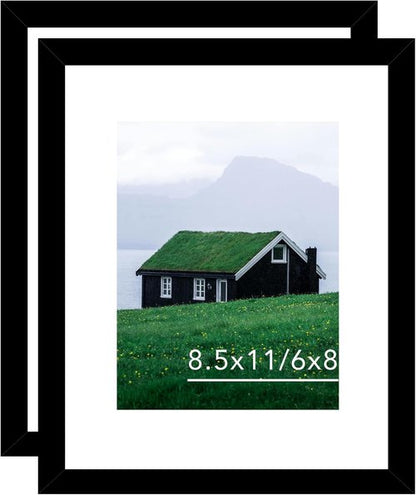 JCJMY Picture Frame Set of 2 - 8.5x11 & 6x8 Mat Options for Wall or Tabletop Display - Black