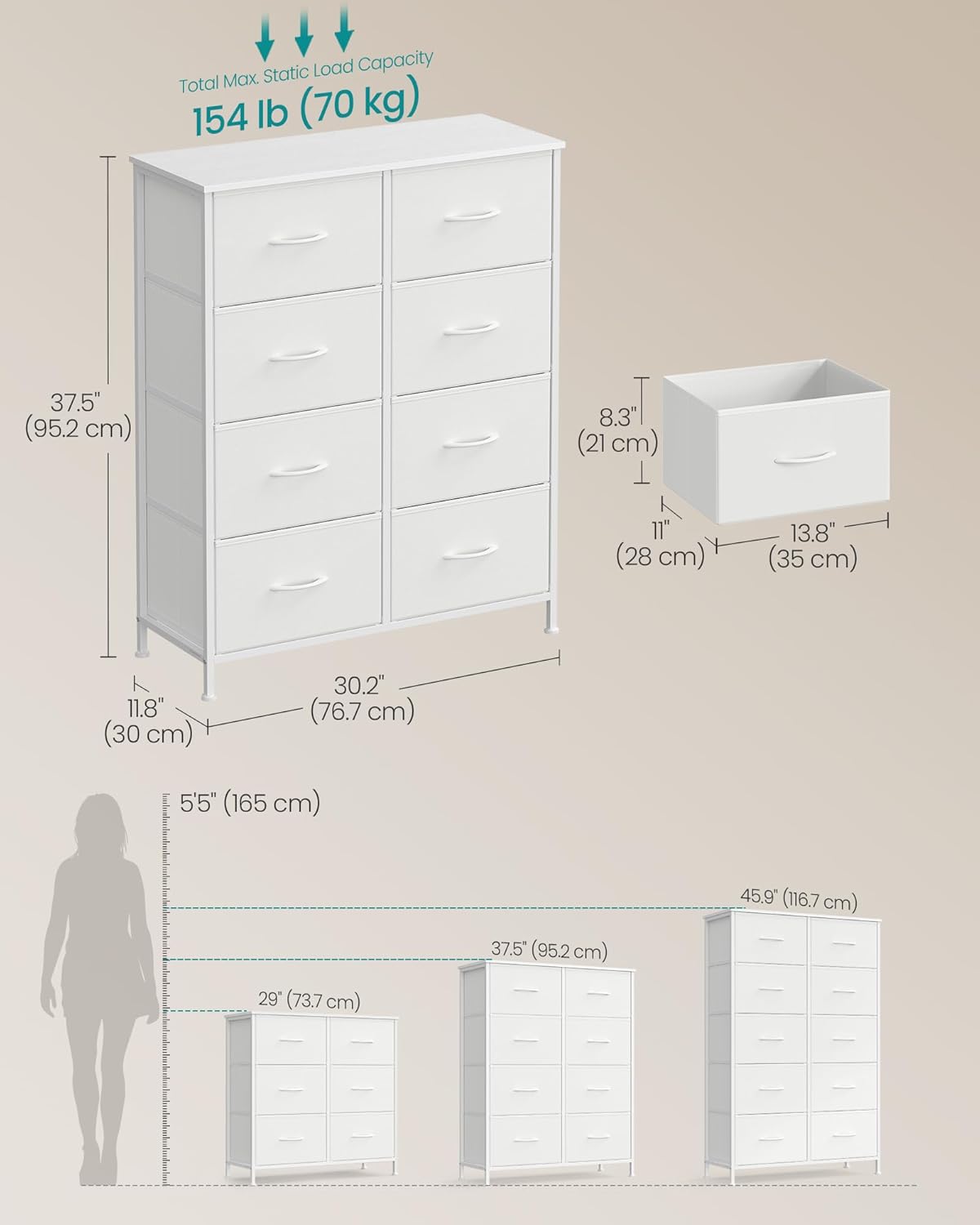 SONGMICS Dresser - 8-Drawer Storage Organizer Unit in Cloud White & Snow White | Stylish Bedroom Chest