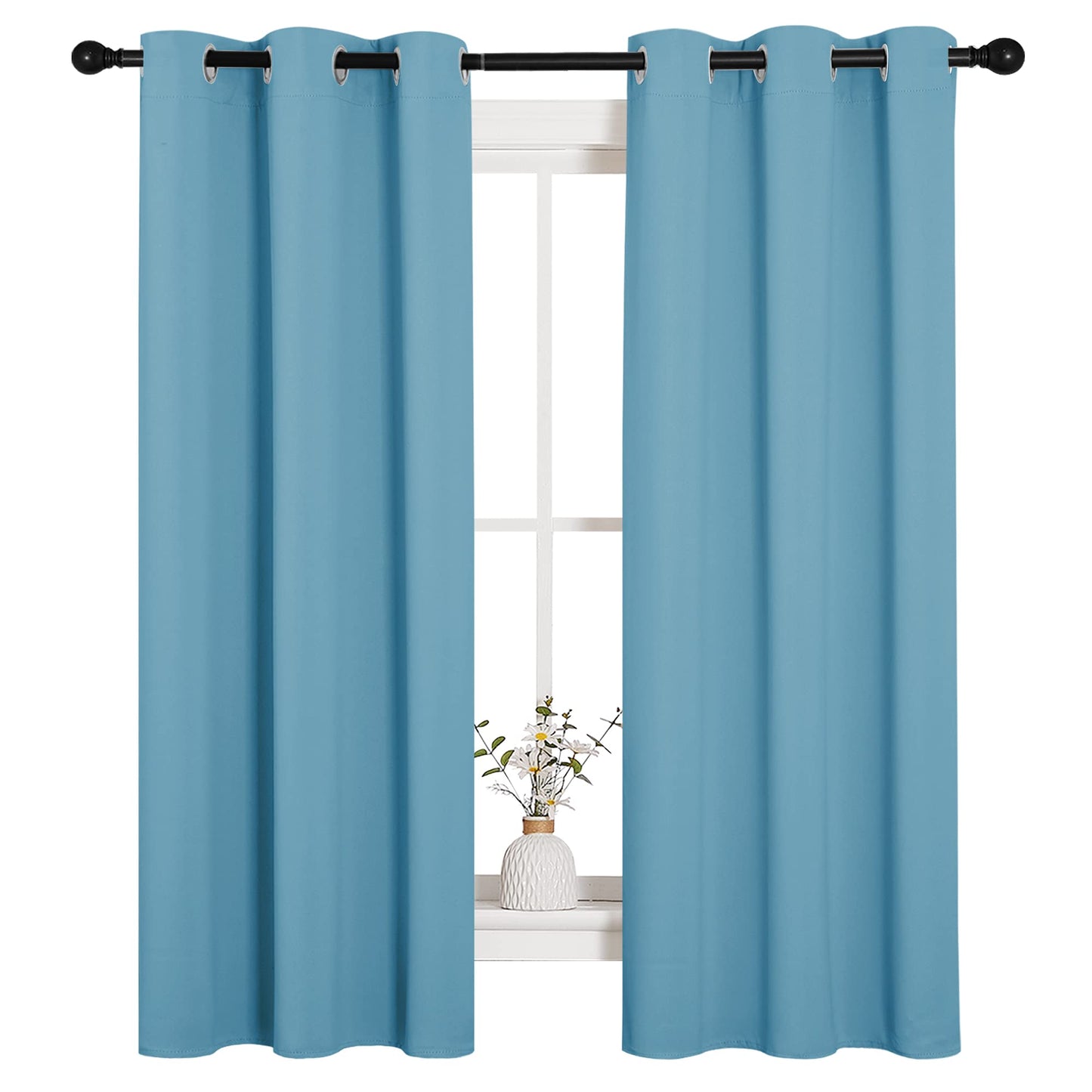 NICETOWN Thermal Insulated Curtains Blackout Draperies, Window Treatment Solid Grommet Room Darkening Drape Panels for Bedroom (Teal Blue, Set of 2 Panels, 34 by 63 inches Long)