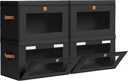 Homsorout Collapsible Storage Bins - Large Stackable Organizer Bins with Handles & Window | 4 Pack, Black