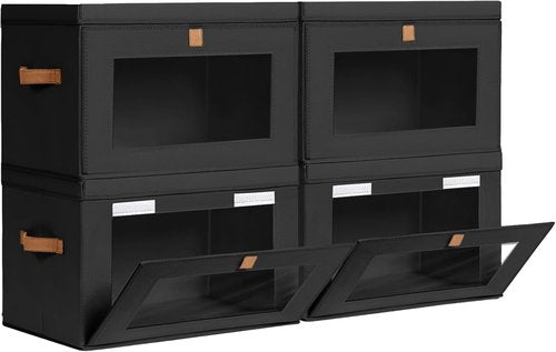 Homsorout Collapsible Storage Bins - Large Stackable Organizer Bins with Handles & Window | 4 Pack, Black