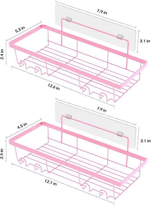 Durmmur Adhesive Shower Caddy Organizer - Rustproof Wall-Mounted Storage Shelf Rack | 2 Pack, Pink