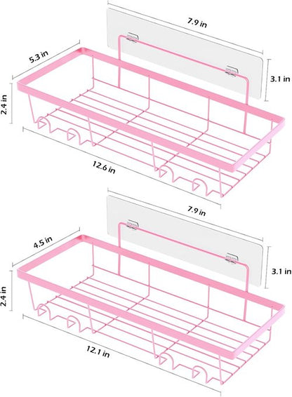 Durmmur Adhesive Shower Caddy Organizer - Rustproof Wall-Mounted Storage Shelf Rack | 2 Pack, Pink