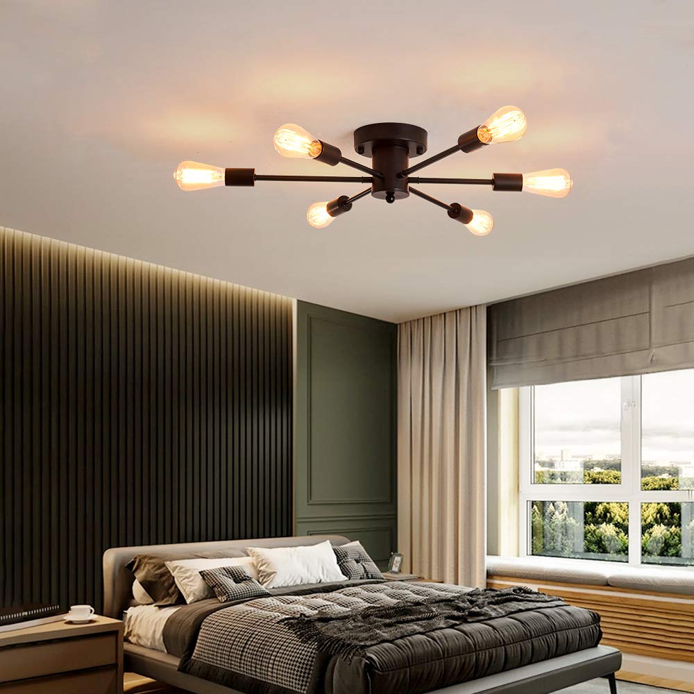 UOFUS 6 Lights Sputnik Semi Flush Mount Ceiling Light Matte Black Modern Edison Chandelier Industrial Close to Ceiling Light for Farmhouse Dining Room Kitchen Bedroom Living Room Study