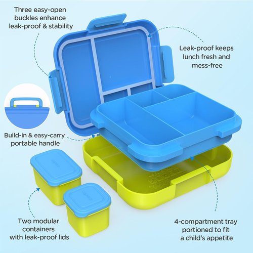 Caperci Bento Lunch Box for Kids - Large 4.8 Cups, Leak-Proof, Portable Handle | Blue/Juicy Pear