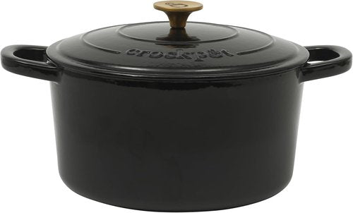 Crock Pot Artisan 7-Quart Round Cast Iron Dutch Oven - Durable Black Enamel Finish with Gold Knob